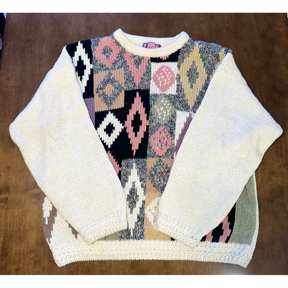 Vintage Concrete Sweater Mens Large White Argyle Print Ramie 90s Retro Cozy